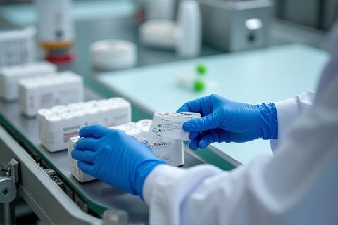 Quality assurance technician inspecting cosmetic products on a production line