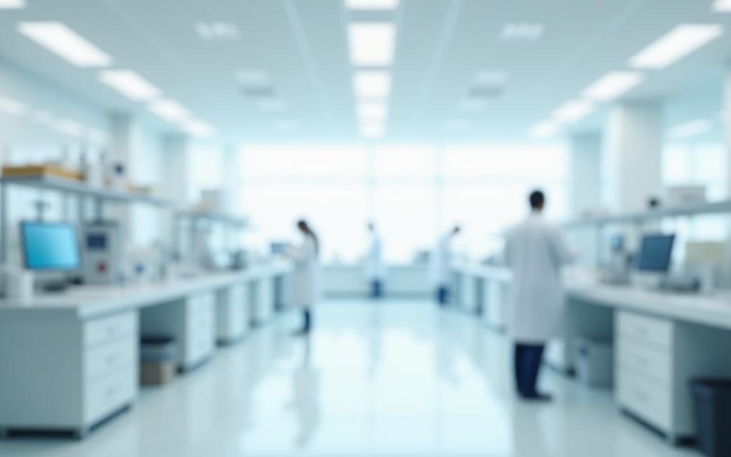 Overview of a clean, modern cosmetic manufacturing laboratory with equipment and technicians.