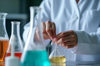 Chemist carefully mixing ingredients during cosmetic formulation