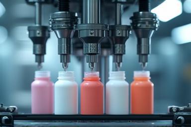 Automated machine filling cosmetic bottles on a production line
