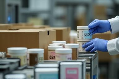 Worker applying labels to cosmetic jars and packing them into boxes