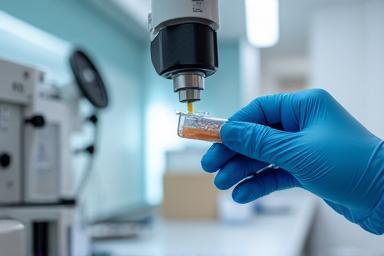 Lab technician using testing equipment on a cosmetic product sample
