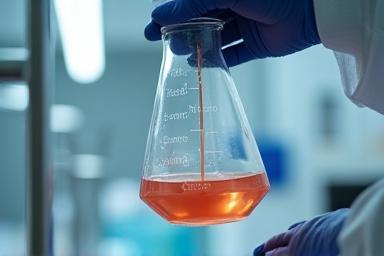 Close-up of cosmetic formulation mixing in a lab beaker