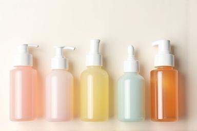 Collection of private label cosmetic bottles arranged neatly