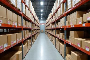 Organized shelves in a warehouse with boxes of finished cosmetic products